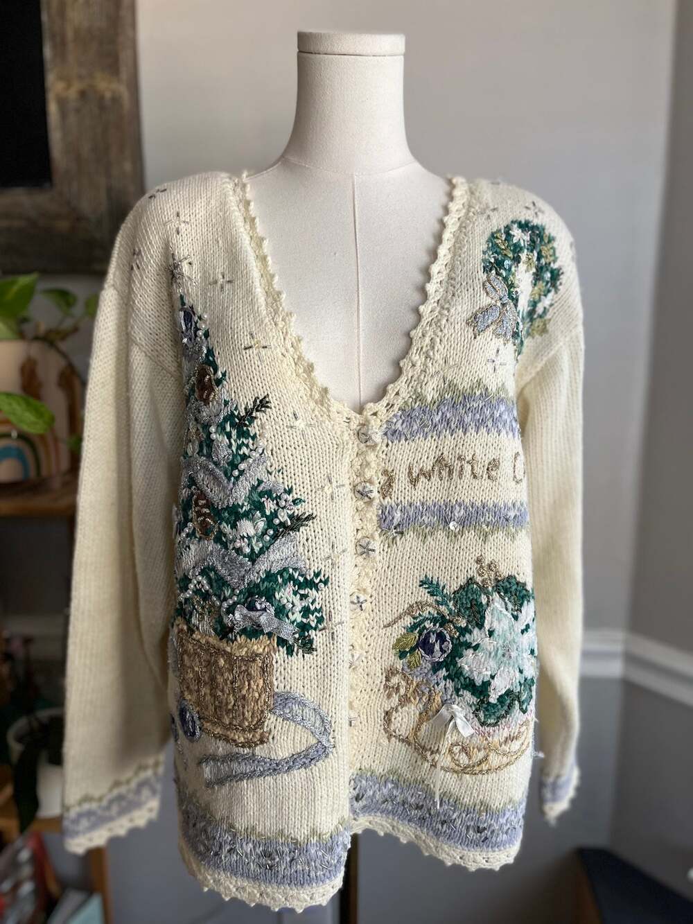 Vintage 90s White Christmas Cardigan Sweater Tree Wreath Cotton Size XL